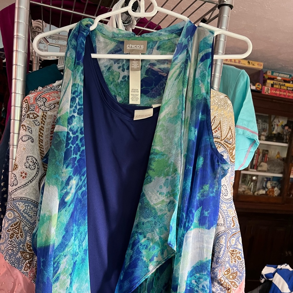 Chico’s 2 piece flowy vest, pareo, kimono w/ matching tank.New Viking blue teal